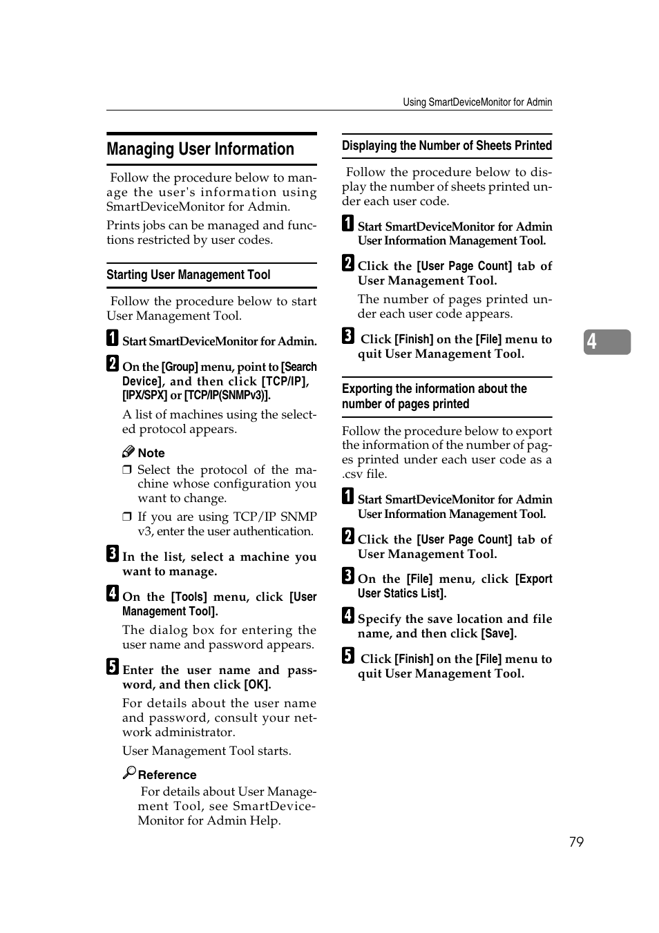 Managing user information, Starting user management tool, Displaying the number of sheets printed | Ricoh Network Guide User Manual | Page 85 / 158