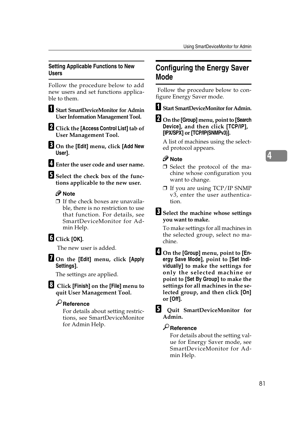 Setting applicable functions to new users, Configuring the energy saver mode | Ricoh Network Guide User Manual | Page 87 / 158