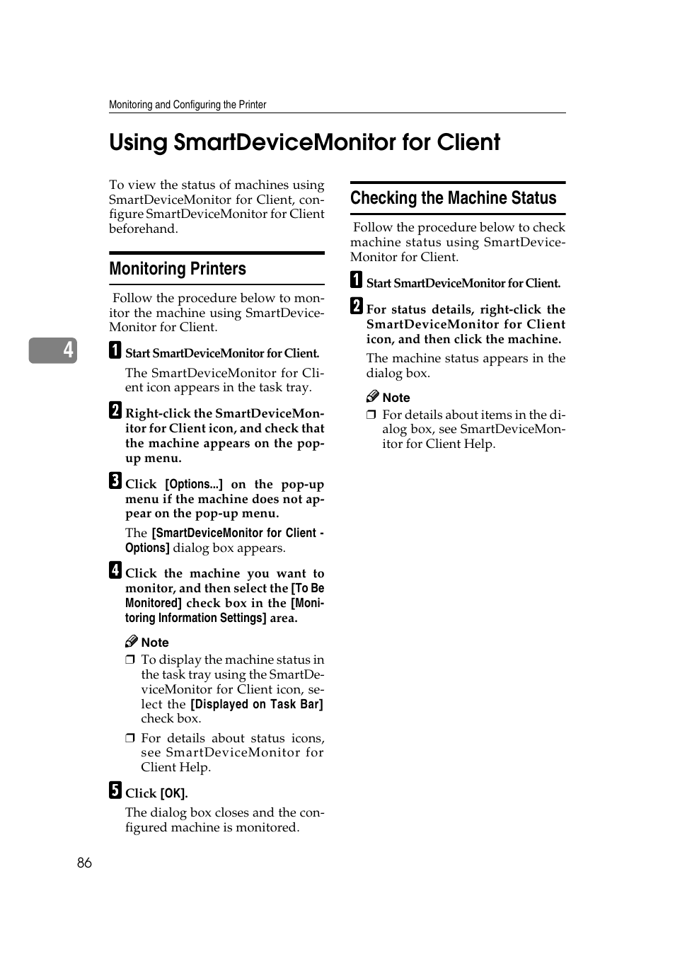 Using smartdevicemonitor for client, Monitoring printers, Checking the machine status | Monitoring printers checking the machine status, 4using smartdevicemonitor for client | Ricoh Network Guide User Manual | Page 92 / 158
