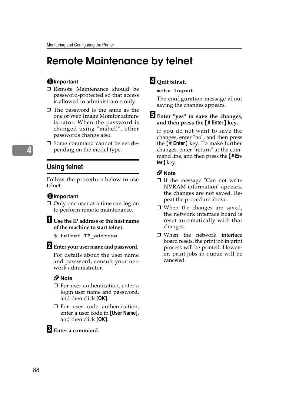 Remote maintenance by telnet, Using telnet, 4remote maintenance by telnet | Ricoh Network Guide User Manual | Page 94 / 158