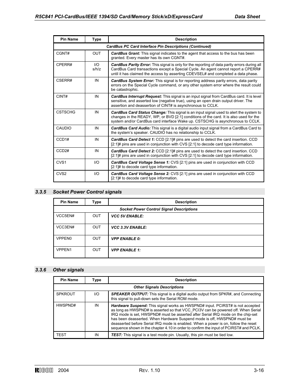 5 socket power control signals, 6 other signals | Ricoh R5C841 User Manual | Page 21 / 73