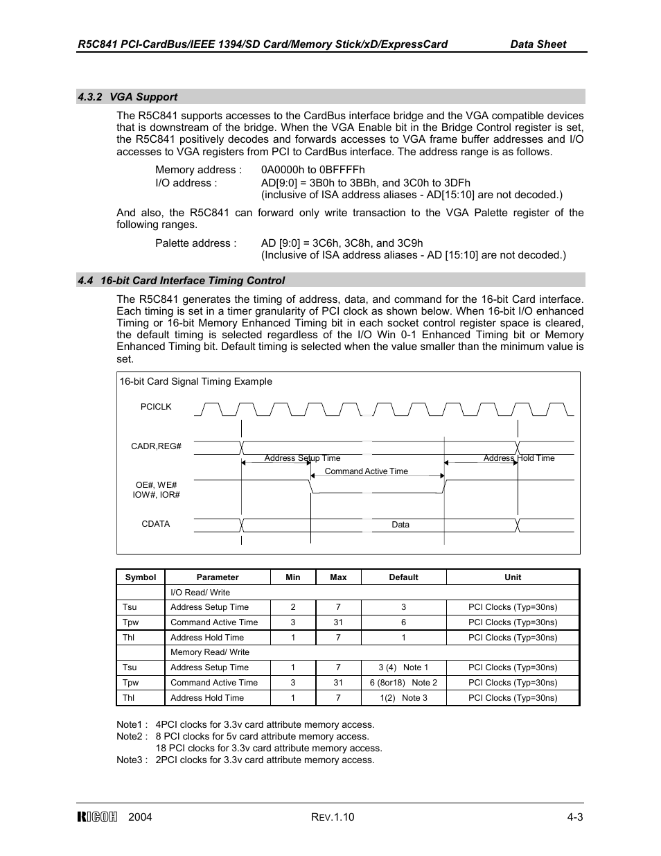 2 vga support, 4 16-bit card interface timing control | Ricoh R5C841 User Manual | Page 28 / 73