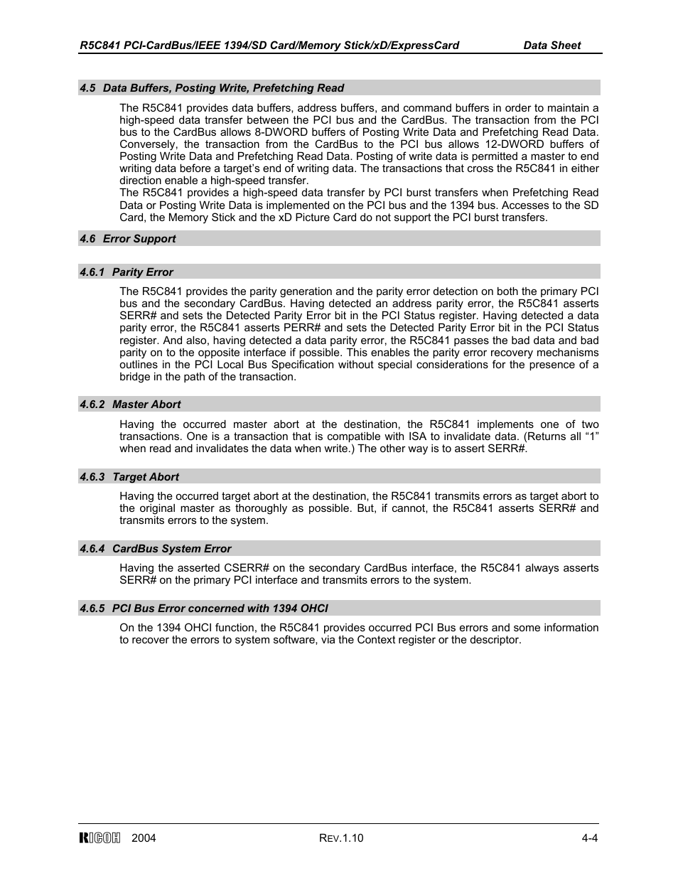 5 data buffers, posting write, prefetching read, 6 error support, 1 parity error | 2 master abort, 3 target abort, 4 cardbus system error, 5 pci bus error concerned with 1394 ohci | Ricoh R5C841 User Manual | Page 29 / 73