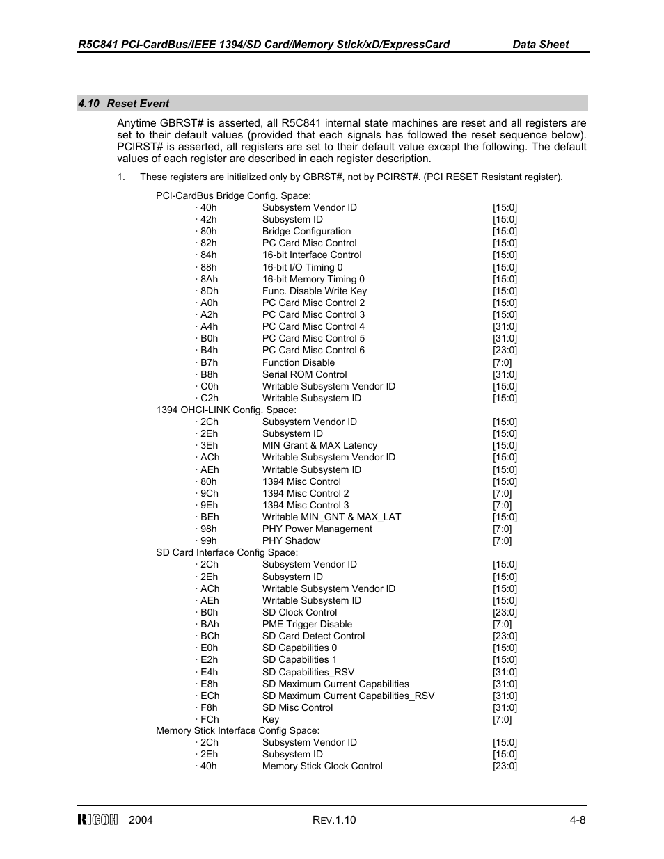 10 reset event | Ricoh R5C841 User Manual | Page 33 / 73
