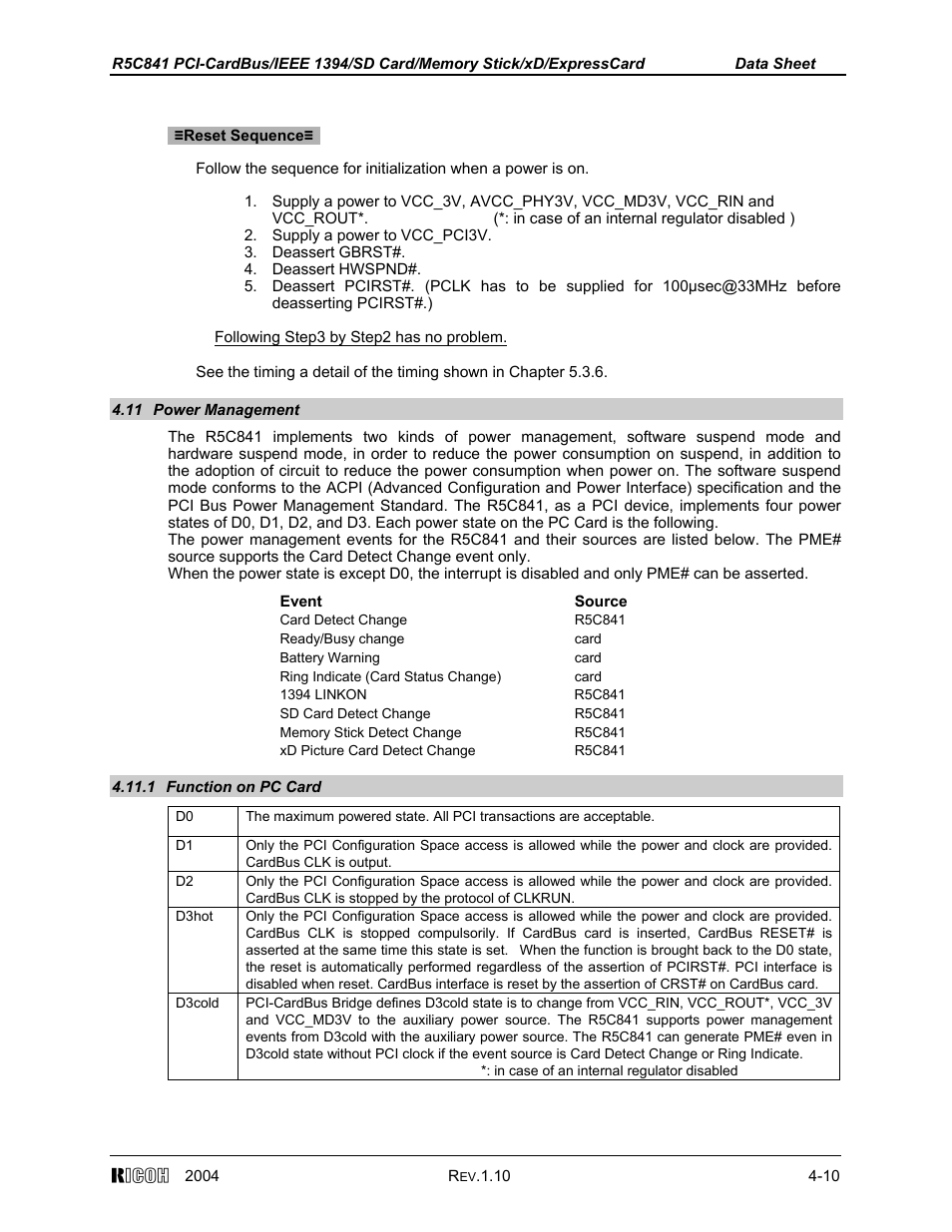 11 power management, 1 function on pc card | Ricoh R5C841 User Manual | Page 35 / 73