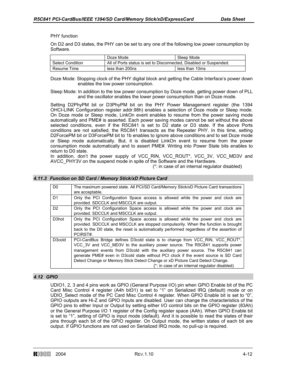 3 function on sd card/memory stick/xd picture card, 12 gpio | Ricoh R5C841 User Manual | Page 37 / 73