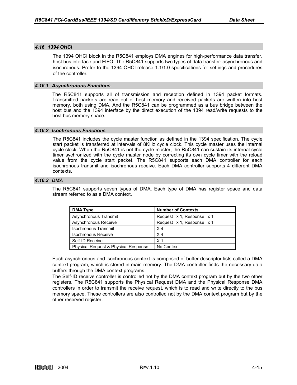 16 1394 ohci, 1 asynchronous functions, 2 isochronous functions | 3 dma | Ricoh R5C841 User Manual | Page 40 / 73