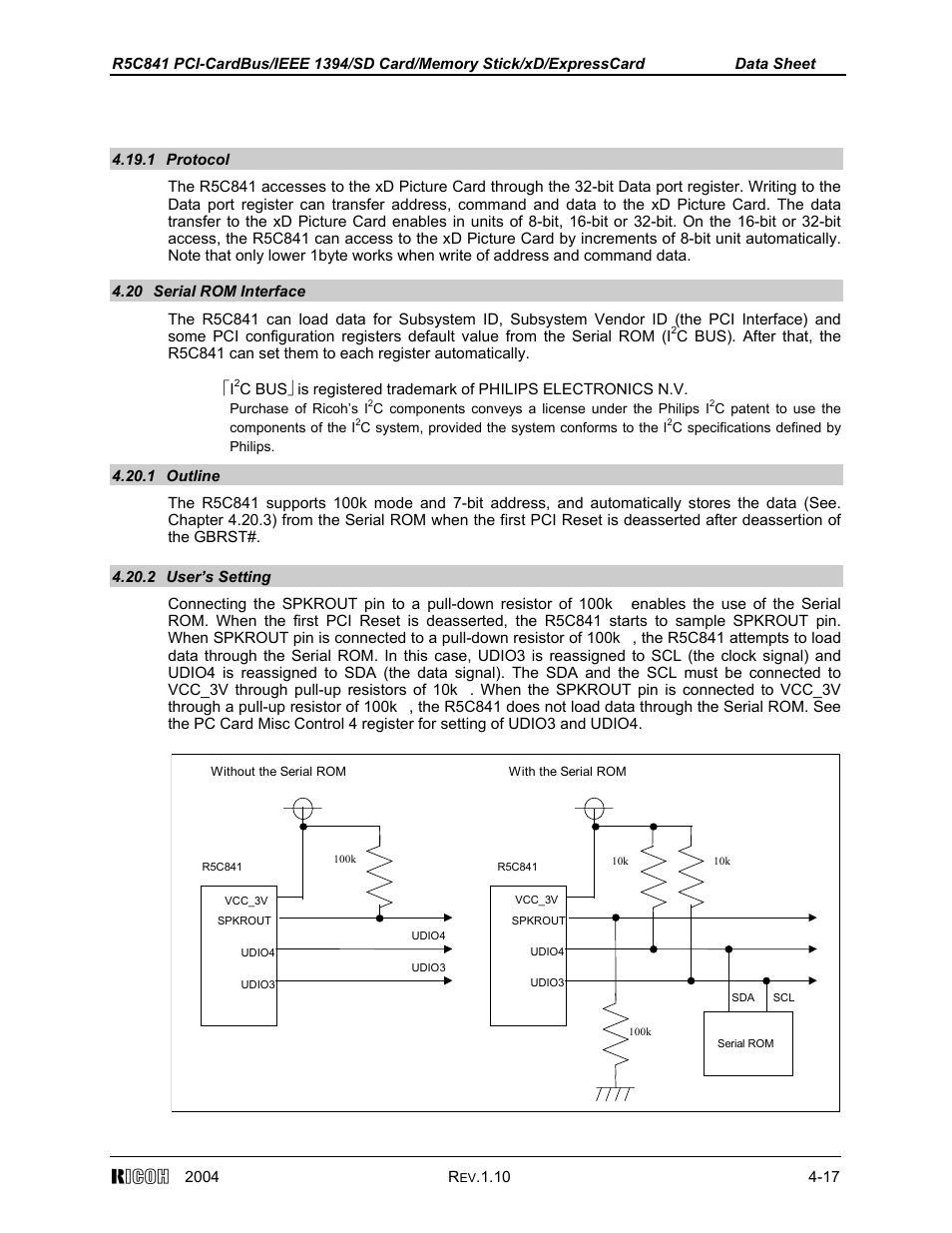 1 protocol, 20 serial rom interface, 1 outline | 2 user's setting | Ricoh R5C841 User Manual | Page 42 / 73