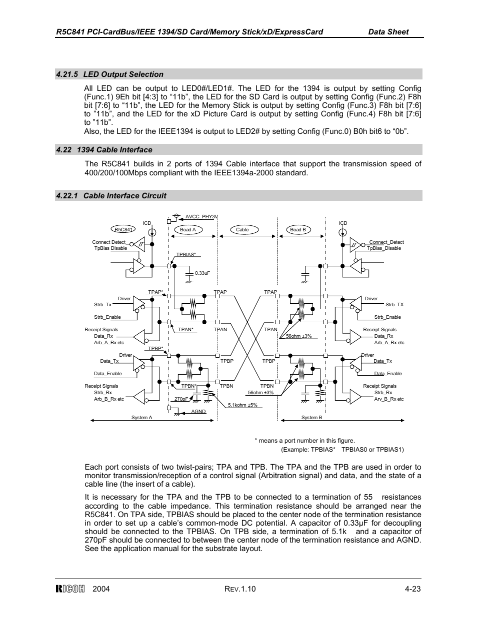5 led output selection, 22 1394 cable interface, 1 cable interface circuit | Ricoh R5C841 User Manual | Page 48 / 73