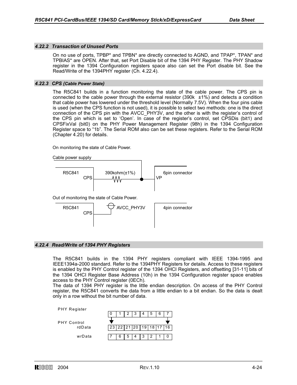 2 transaction of unused ports, 3 cps (cable power state), 4 read/write of 1394 phy registersw | Ricoh R5C841 User Manual | Page 49 / 73