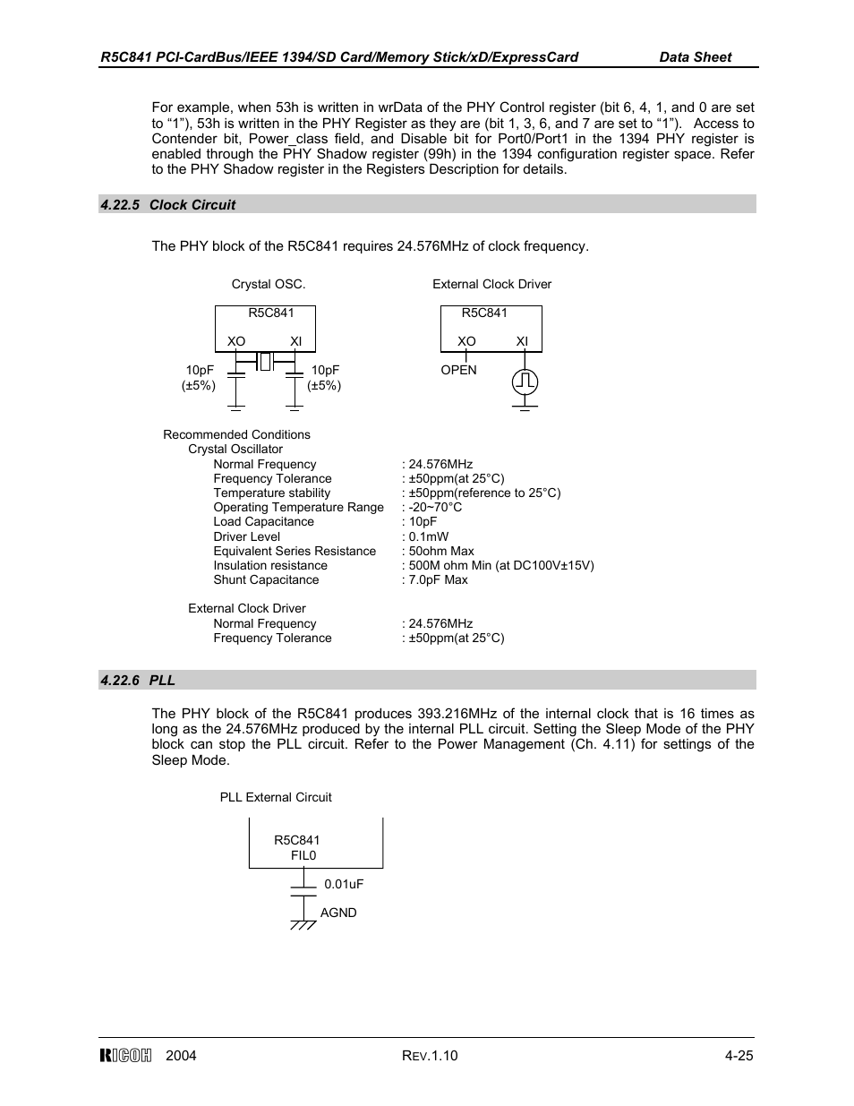 5 clock circuit, 6 pll | Ricoh R5C841 User Manual | Page 50 / 73
