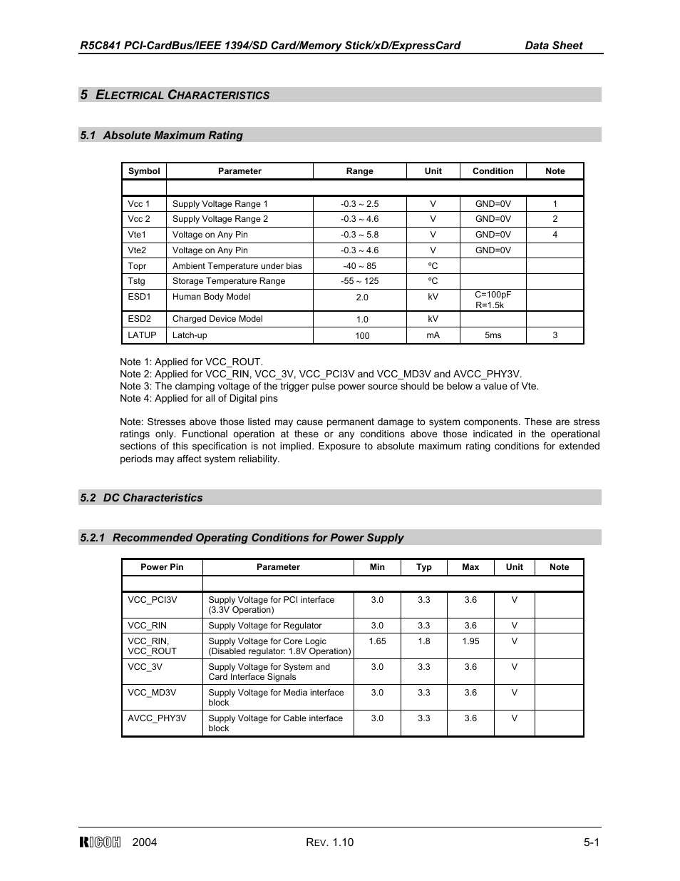 5 electrical characteristics, 1 absolute maximum rating, 2 dc characteristics | Ricoh R5C841 User Manual | Page 54 / 73