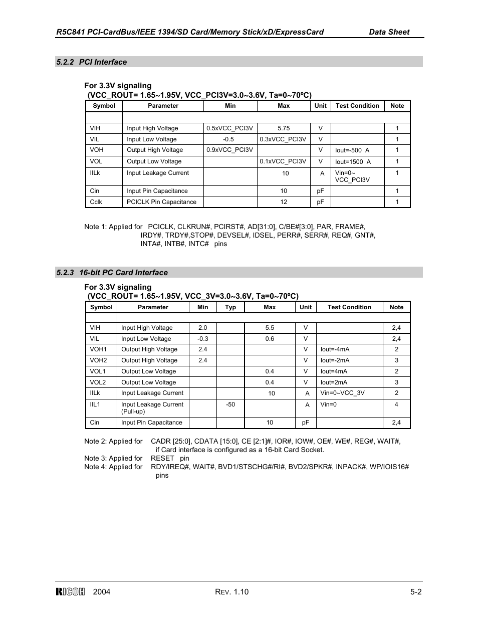 2 pci interface, 3 16-bit pc card interface | Ricoh R5C841 User Manual | Page 55 / 73