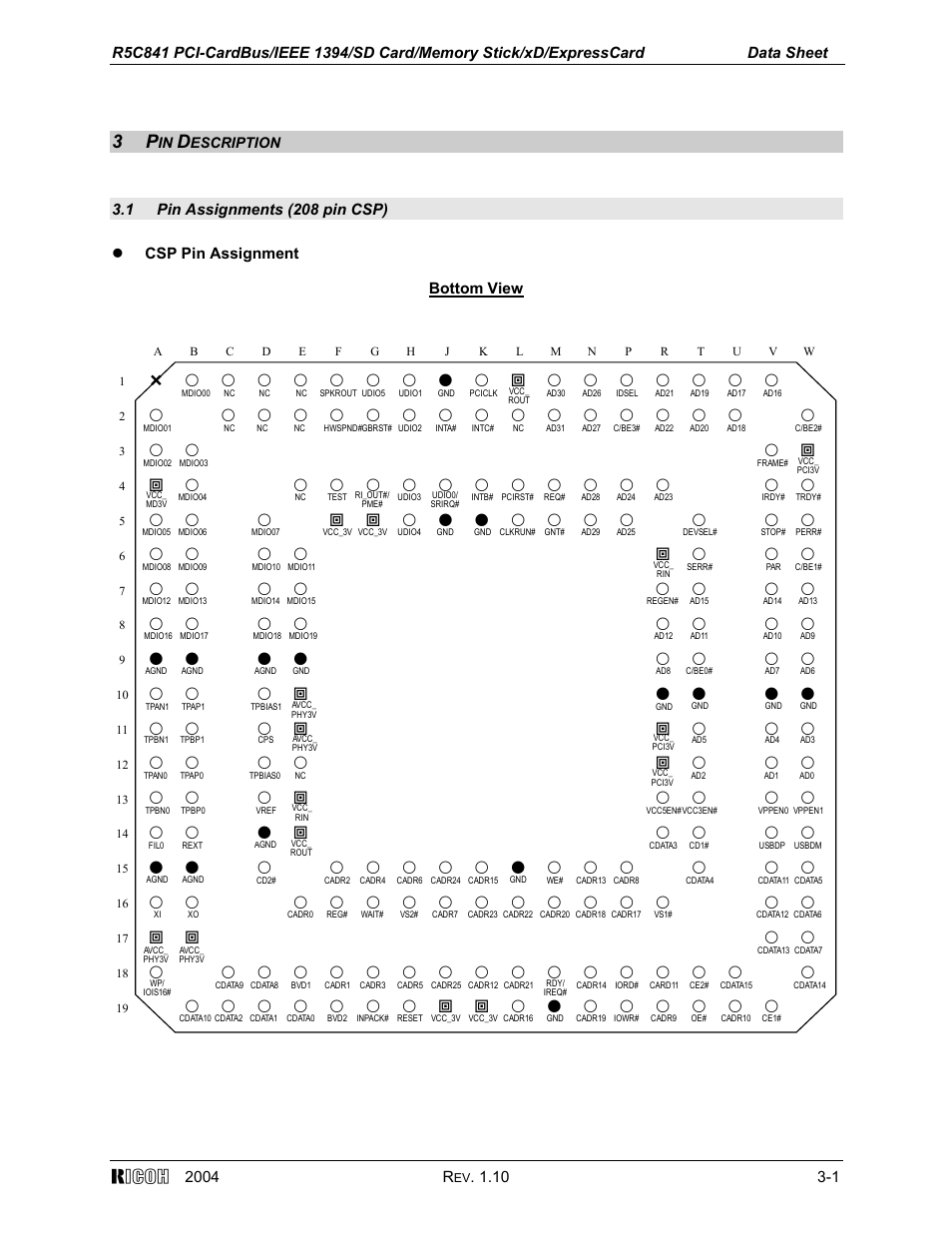 3 pin description, 1 pin assignments (208 pin csp) | Ricoh R5C841 User Manual | Page 6 / 73