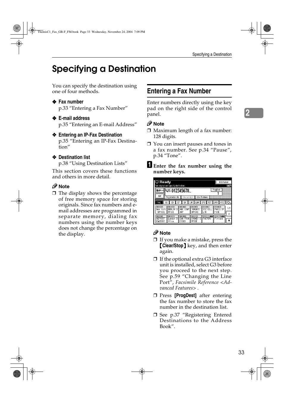2specifying a destination, Entering a fax number | Ricoh 3232 User Manual | Page 41 / 108