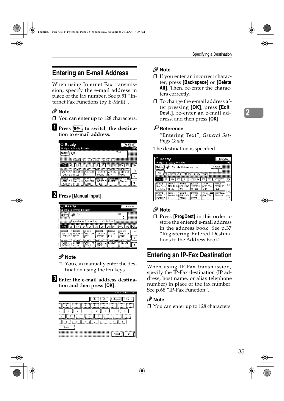 Entering an e-mail address, Entering an ip-fax destination | Ricoh 3232 User Manual | Page 43 / 108