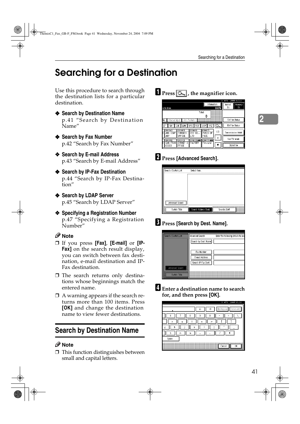 2searching for a destination, Search by destination name | Ricoh 3232 User Manual | Page 49 / 108