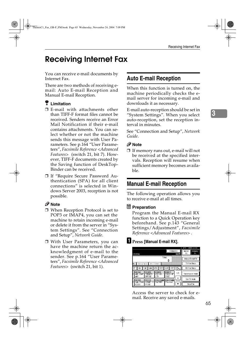 3receiving internet fax, Auto e-mail reception, Manual e-mail reception | Ricoh 3232 User Manual | Page 73 / 108