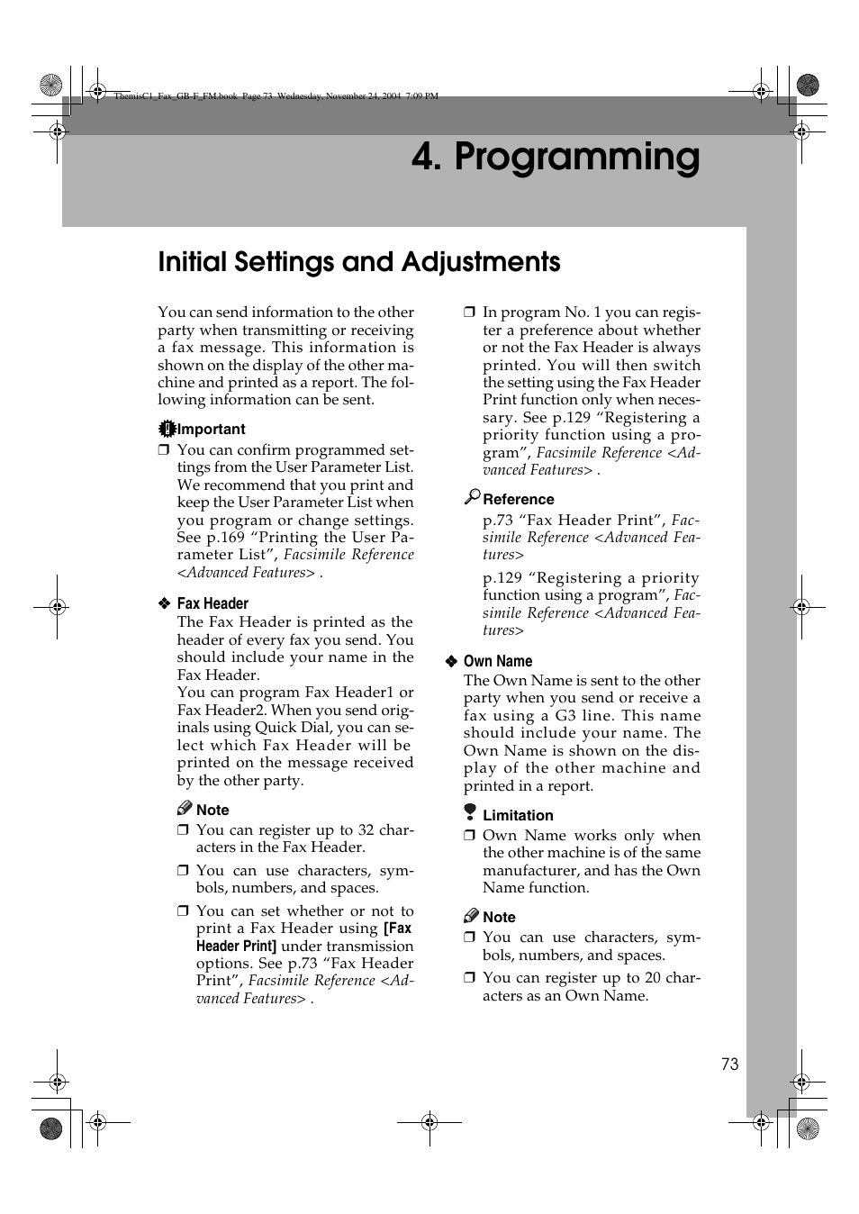 Programming, Initial settings and adjustments | Ricoh 3232 User Manual | Page 81 / 108