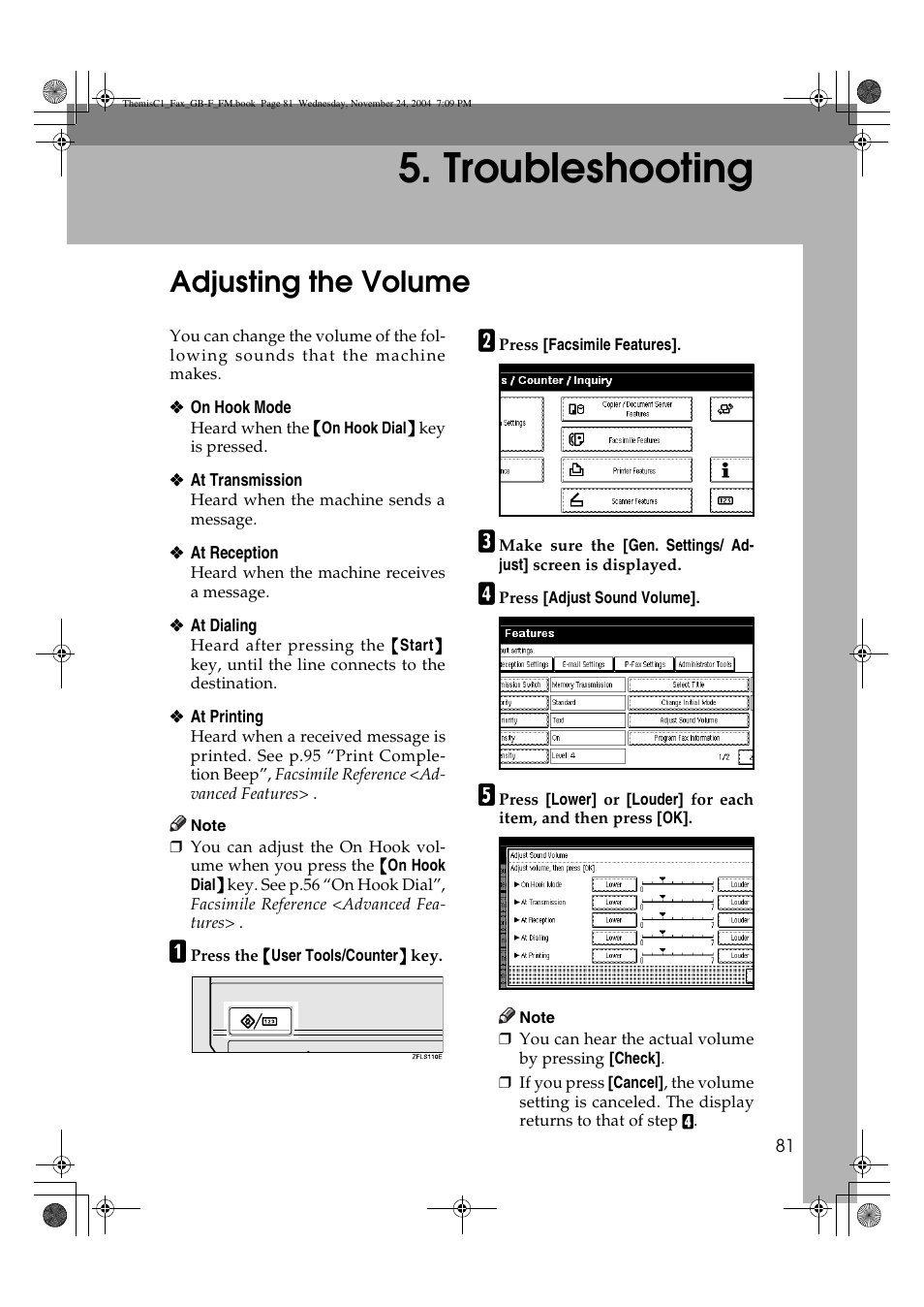 Troubleshooting, Adjusting the volume | Ricoh 3232 User Manual | Page 89 / 108