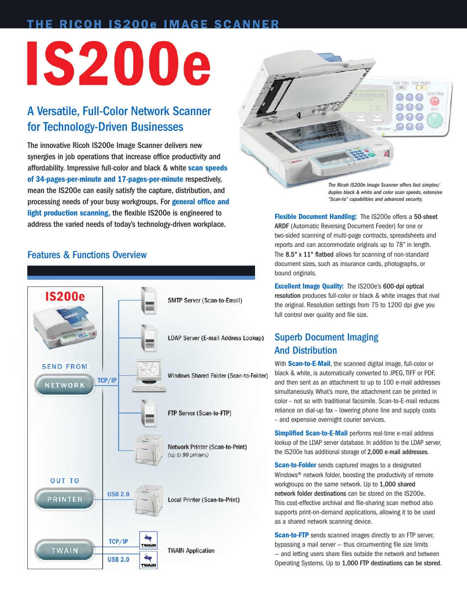 Features & functions overview, Superb document imaging and distribution | Ricoh IS200e User Manual | Page 2 / 4