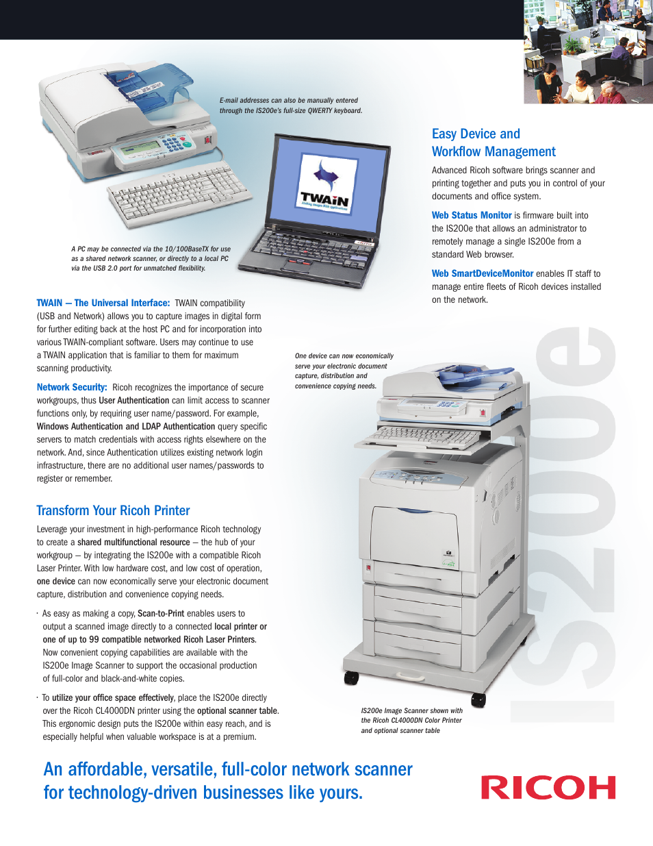 Transform your ricoh printer, Easy device and workflow management | Ricoh IS200e User Manual | Page 3 / 4