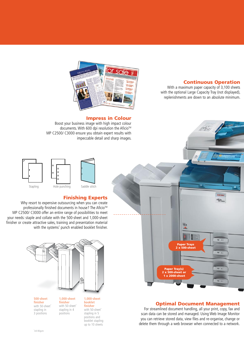 Create stunningly finished b&w and colour output, Finishing experts, Optimal document management | Impress in colour, Continuous operation | Ricoh Aficio MP C3000 User Manual | Page 3 / 6