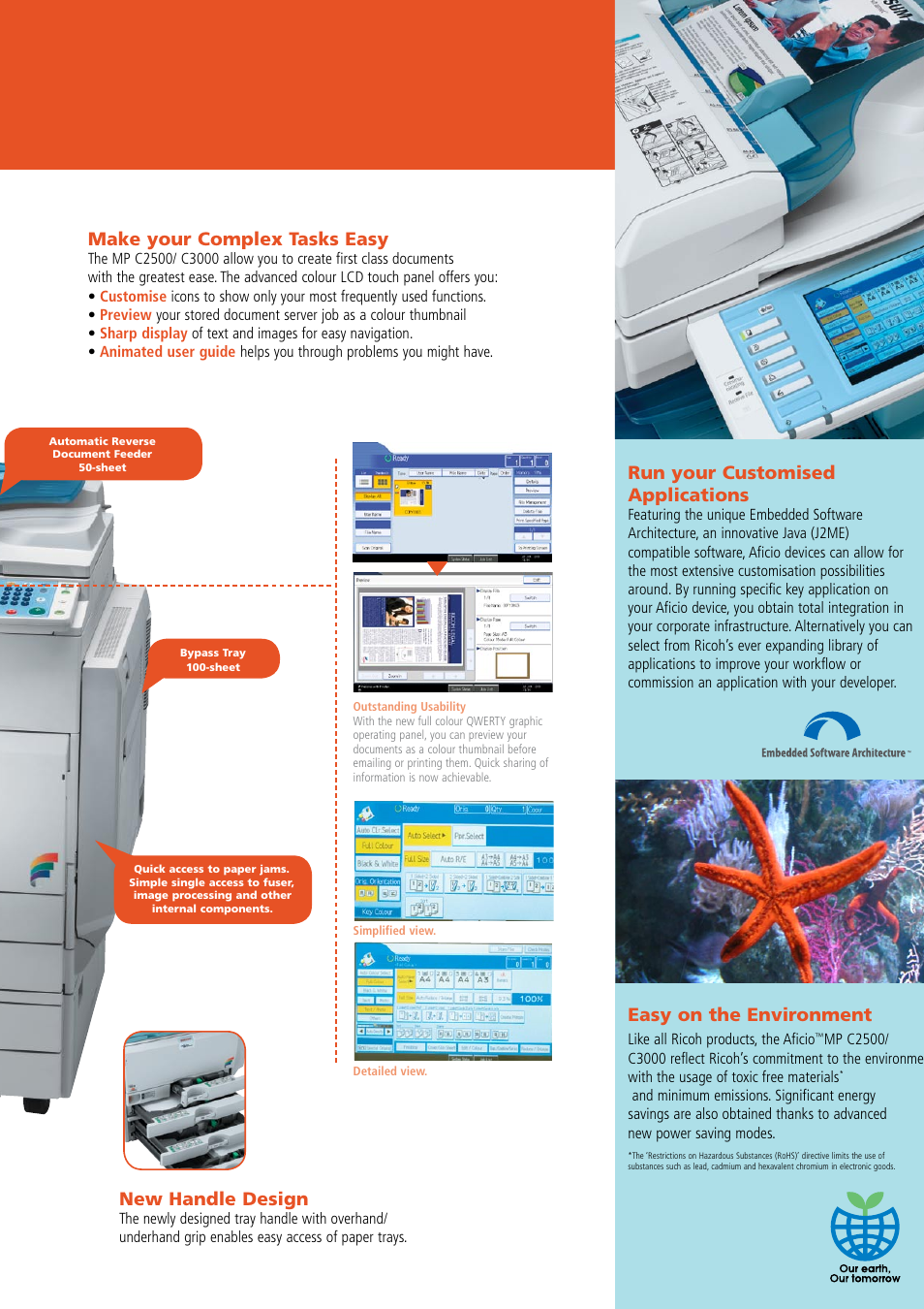 Easy on the environment, Run your customised applications, Make your complex tasks easy | New handle design | Ricoh Aficio MP C3000 User Manual | Page 4 / 6