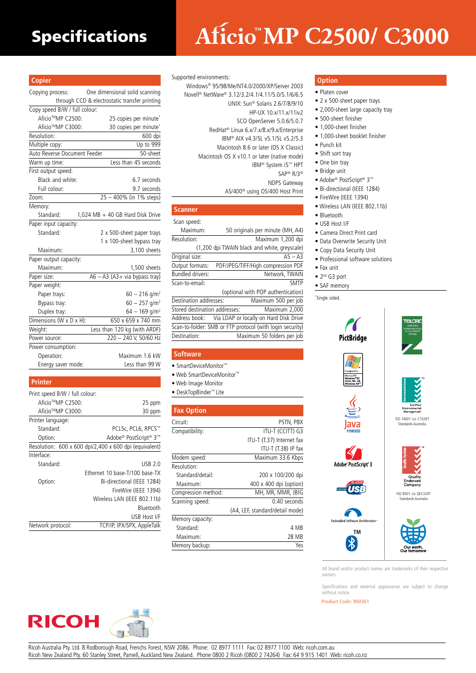 Specifications | Ricoh Aficio MP C3000 User Manual | Page 5 / 6
