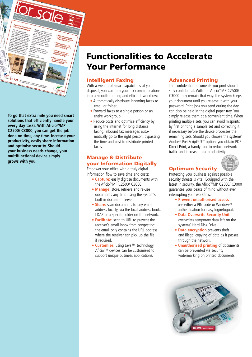 Functionalities to accelerate your performance, Intelligent faxing, Manage & distribute your information digitally | Advanced printing, Optimum security | Ricoh Aficio MP C3000 User Manual | Page 6 / 6