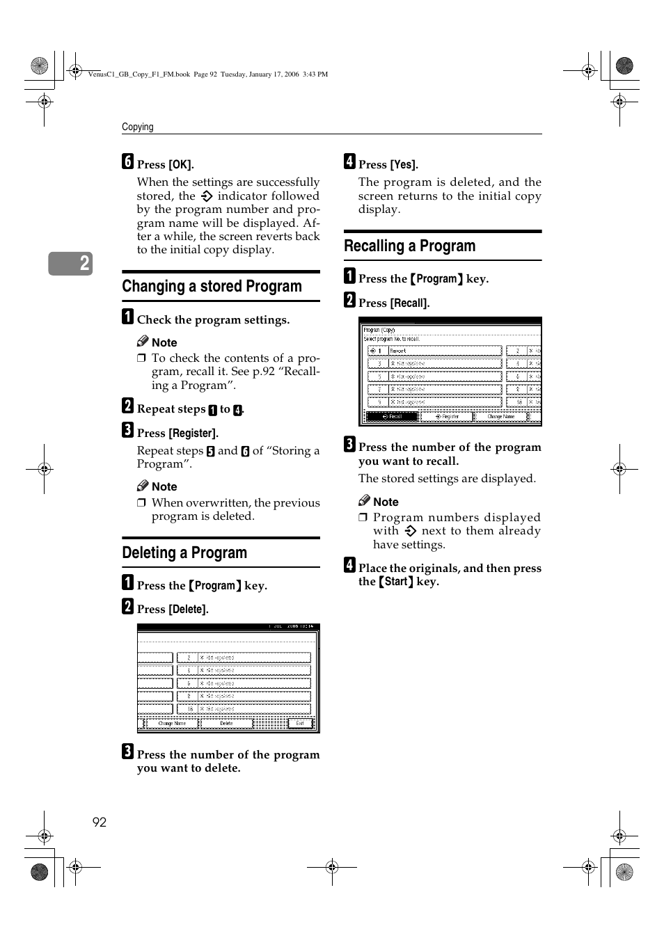 Changing a stored program, Deleting a program, Recalling a program | Ricoh Aficio 3260C User Manual | Page 106 / 196