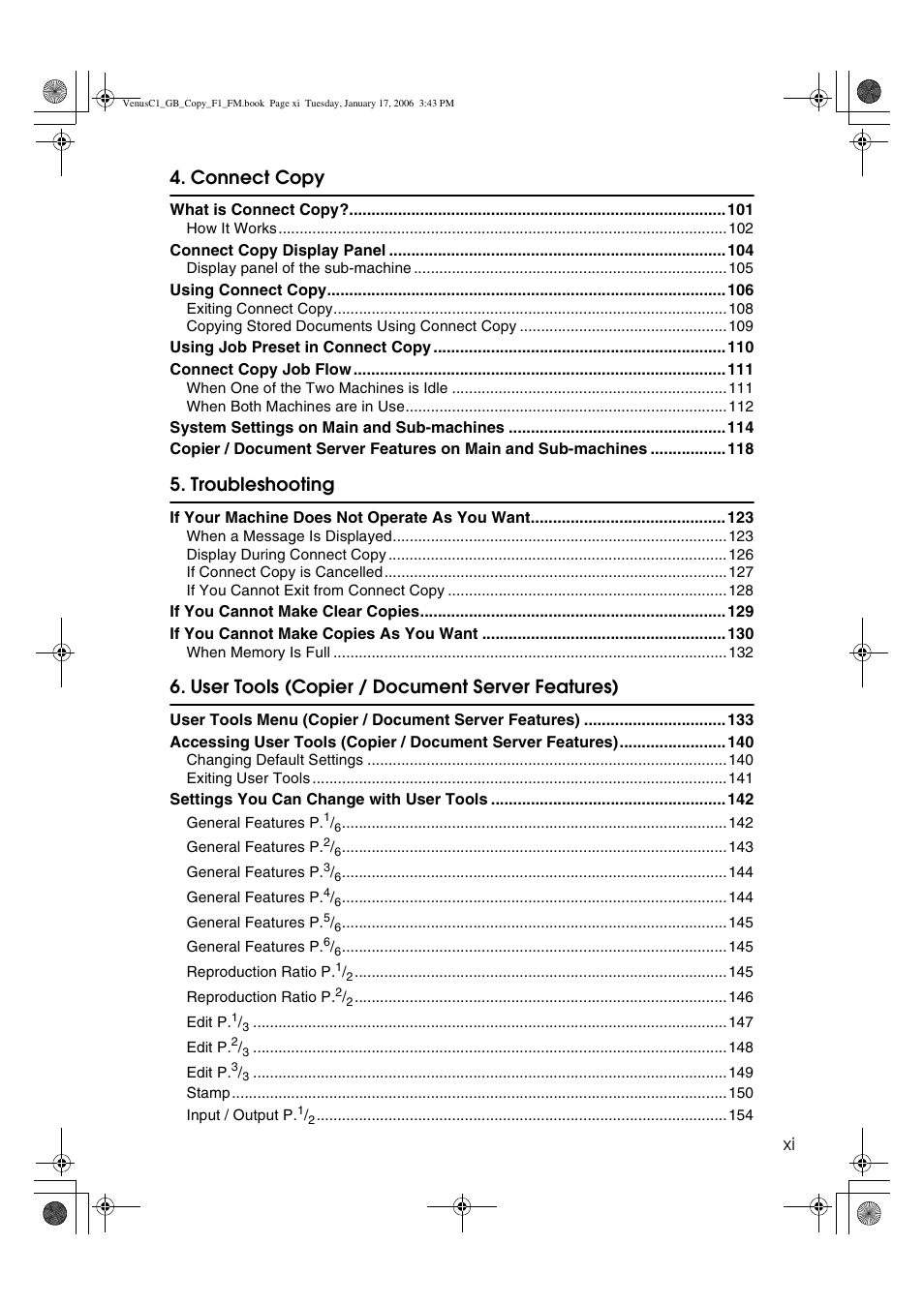Connect copy, Troubleshooting, User tools (copier / document server features) | Ricoh Aficio 3260C User Manual | Page 13 / 196