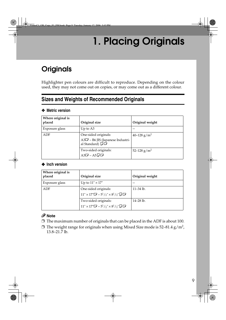 Placing originals, Originals, Sizes and weights of recommended originals | Ricoh Aficio 3260C User Manual | Page 23 / 196