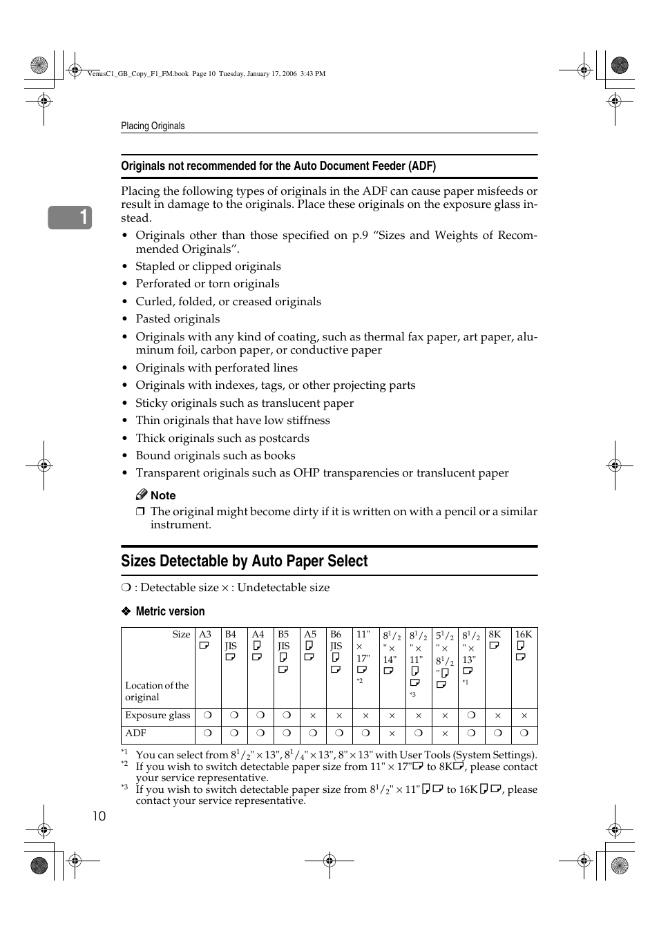 Sizes detectable by auto paper select | Ricoh Aficio 3260C User Manual | Page 24 / 196