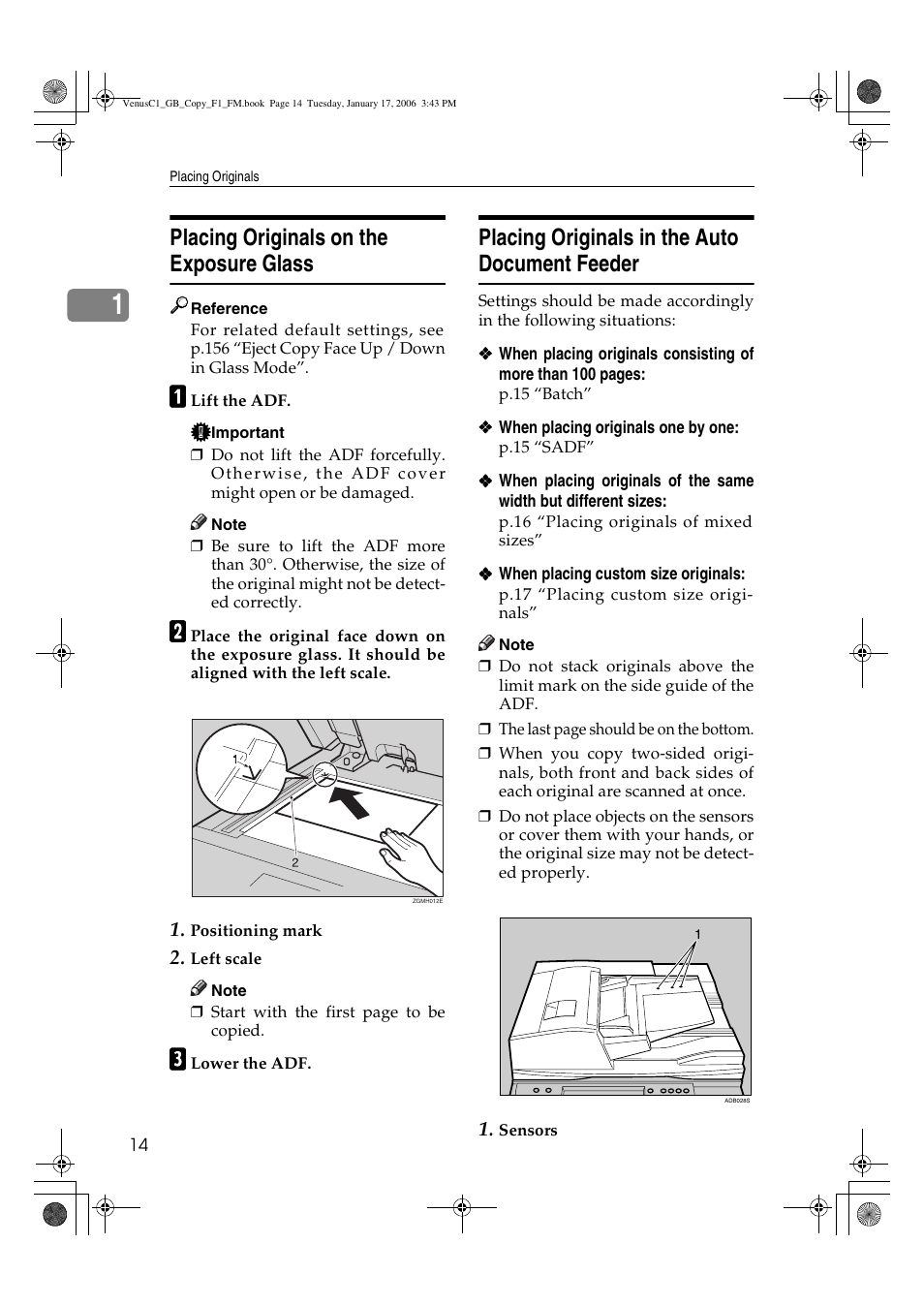 Placing originals on the exposure glass, Placing originals in the auto document feeder | Ricoh Aficio 3260C User Manual | Page 28 / 196