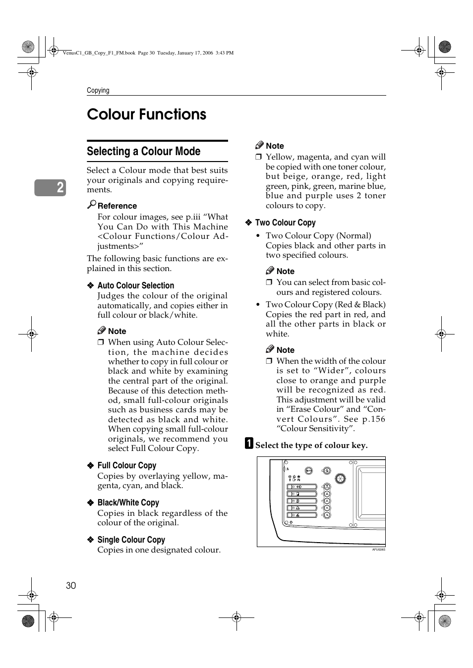 2colour functions, Selecting a colour mode | Ricoh Aficio 3260C User Manual | Page 44 / 196
