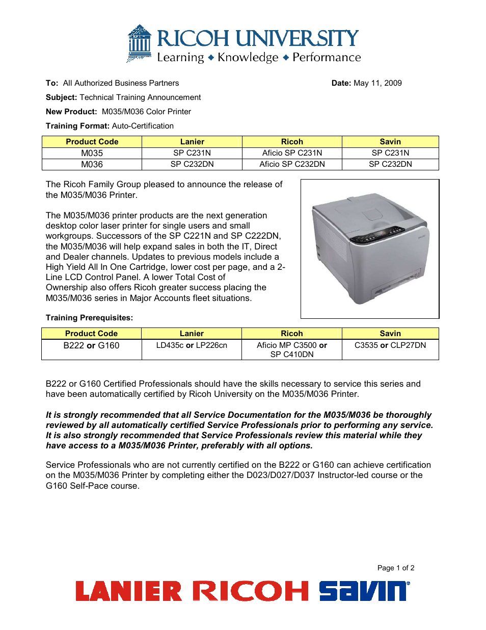 Ricoh SAVIN M035 User Manual | 2 pages