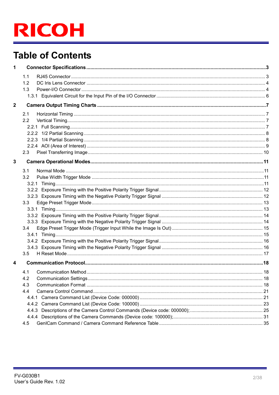 Ricoh Gig# Vision VGA Monochrome CCD Camera FV-G030B1 User Manual | Page 2 / 38