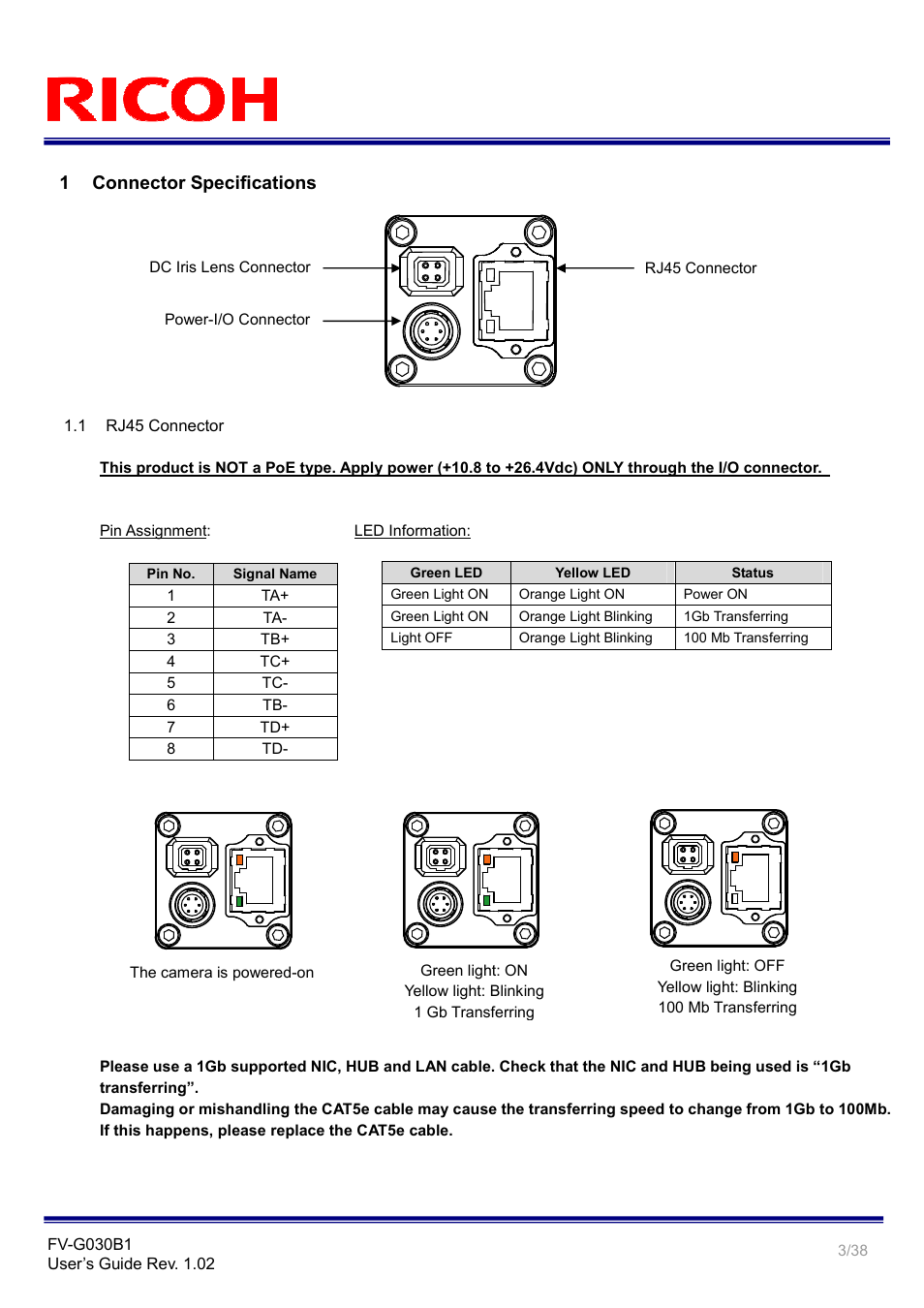 1 connector specifications | Ricoh Gig# Vision VGA Monochrome CCD Camera FV-G030B1 User Manual | Page 3 / 38