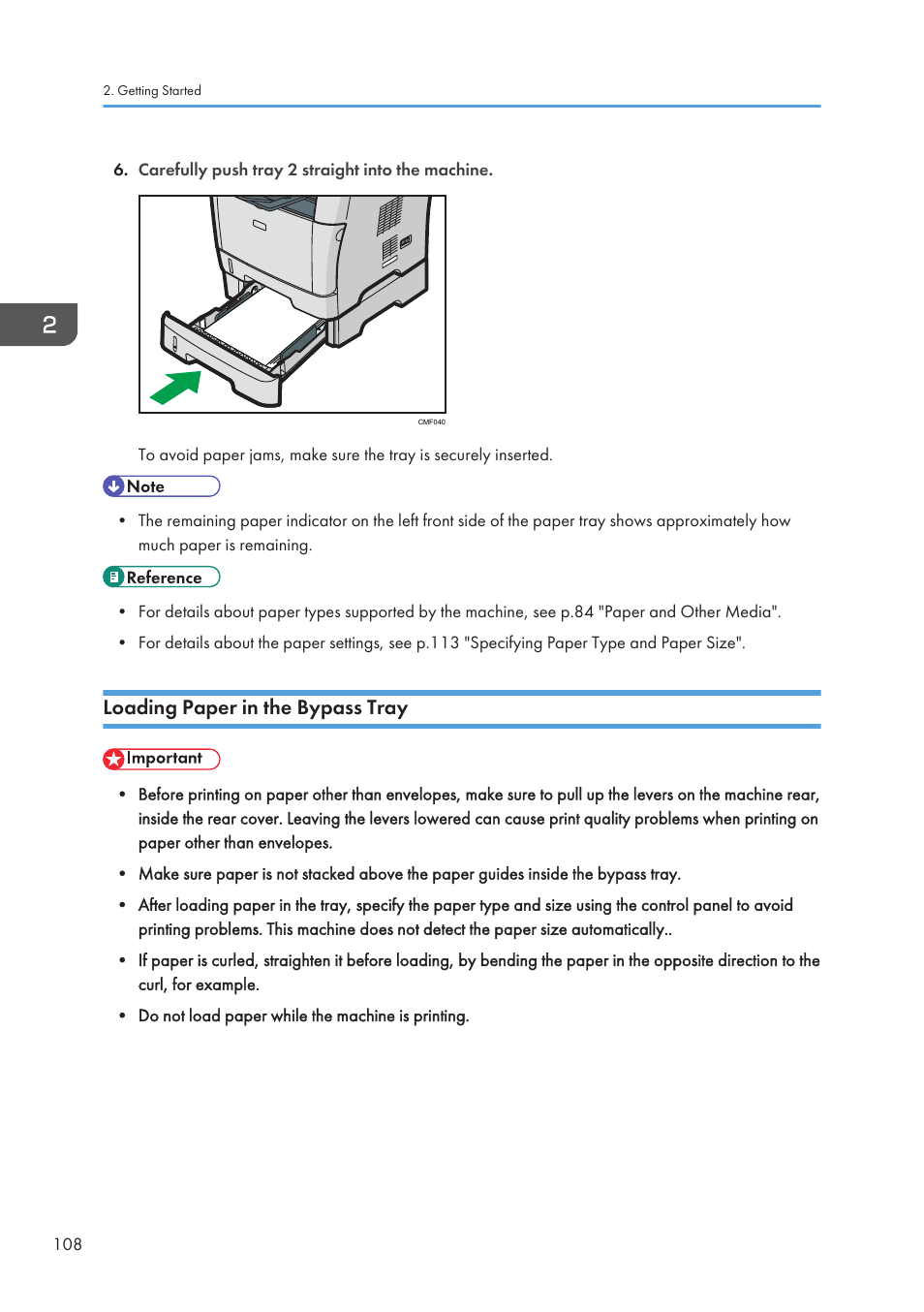 Loading paper in the bypass tray | Ricoh SP3510SF User Manual | Page 110 / 476