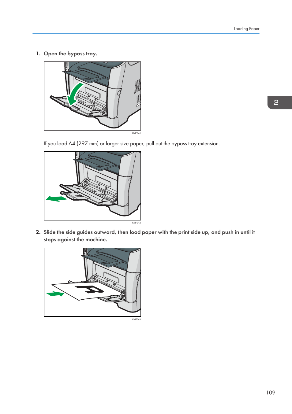 Open the bypass tray | Ricoh SP3510SF User Manual | Page 111 / 476