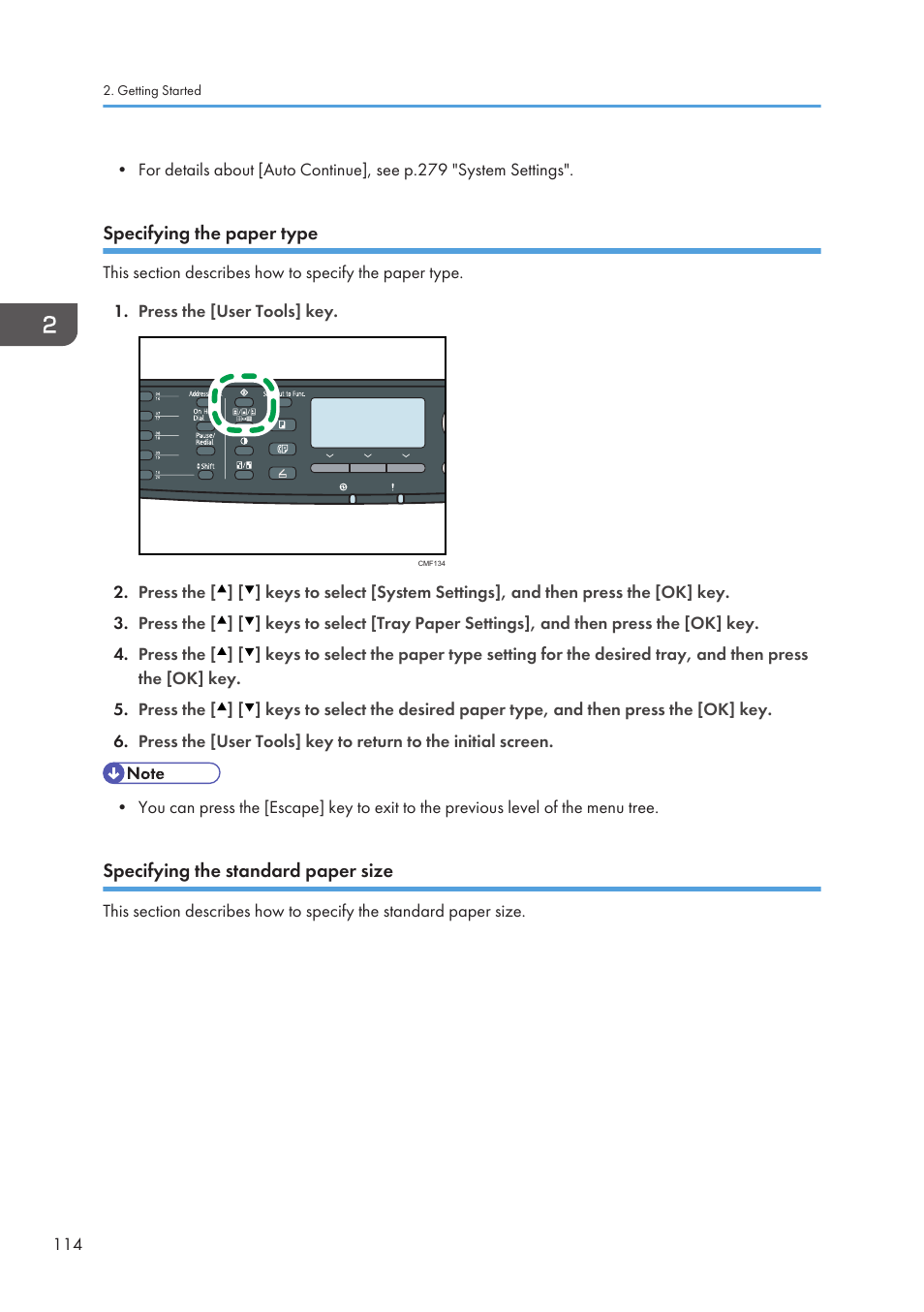 Specifying the paper type, Specifying the standard paper size | Ricoh SP3510SF User Manual | Page 116 / 476