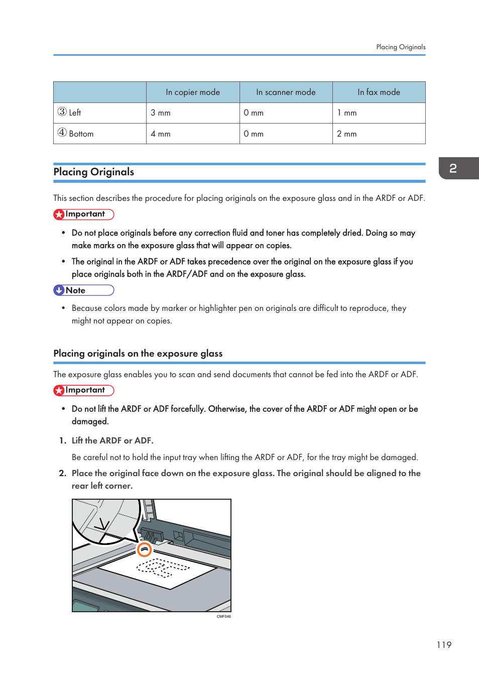 Placing originals, Placing originals on the exposure glass | Ricoh SP3510SF User Manual | Page 121 / 476