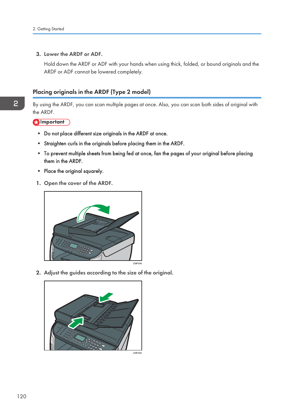 Placing originals in the ardf (type 2 model) | Ricoh SP3510SF User Manual | Page 122 / 476