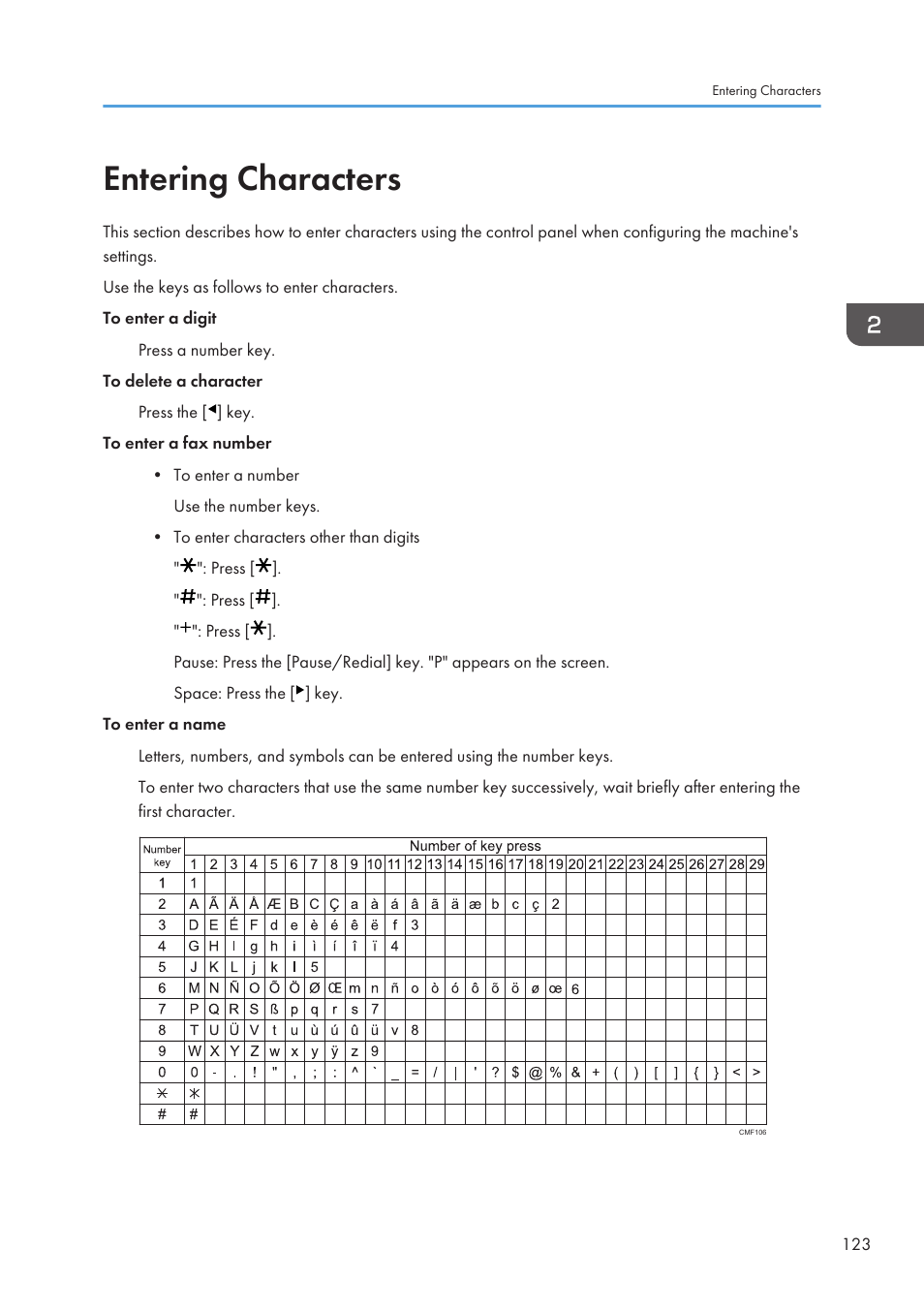 Entering characters | Ricoh SP3510SF User Manual | Page 125 / 476