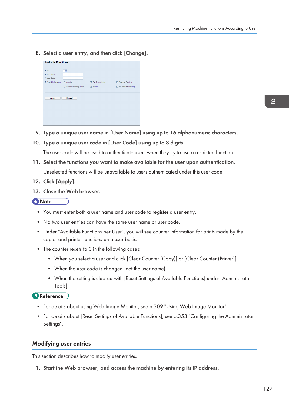 Modifying user entries | Ricoh SP3510SF User Manual | Page 129 / 476