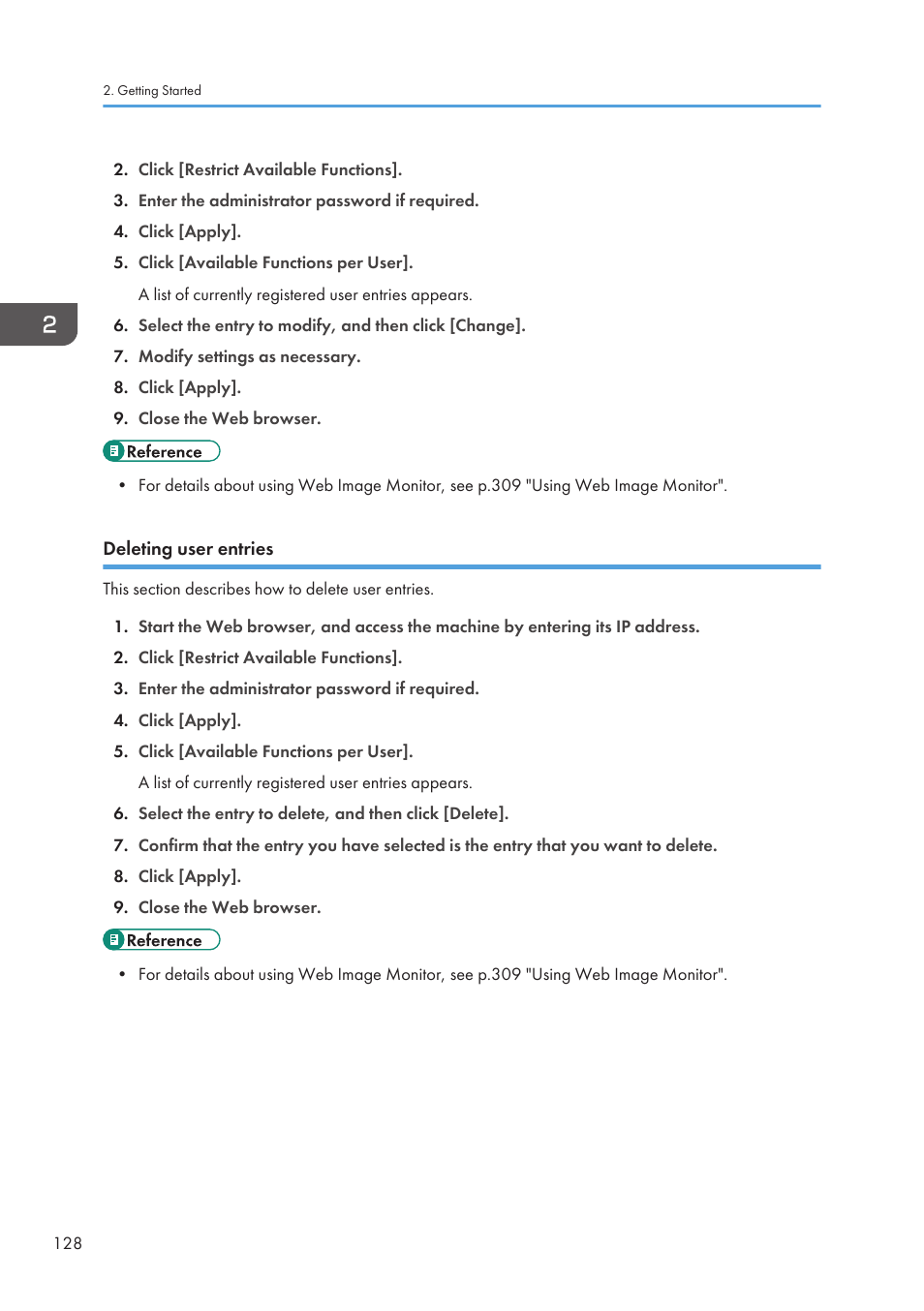 Deleting user entries | Ricoh SP3510SF User Manual | Page 130 / 476