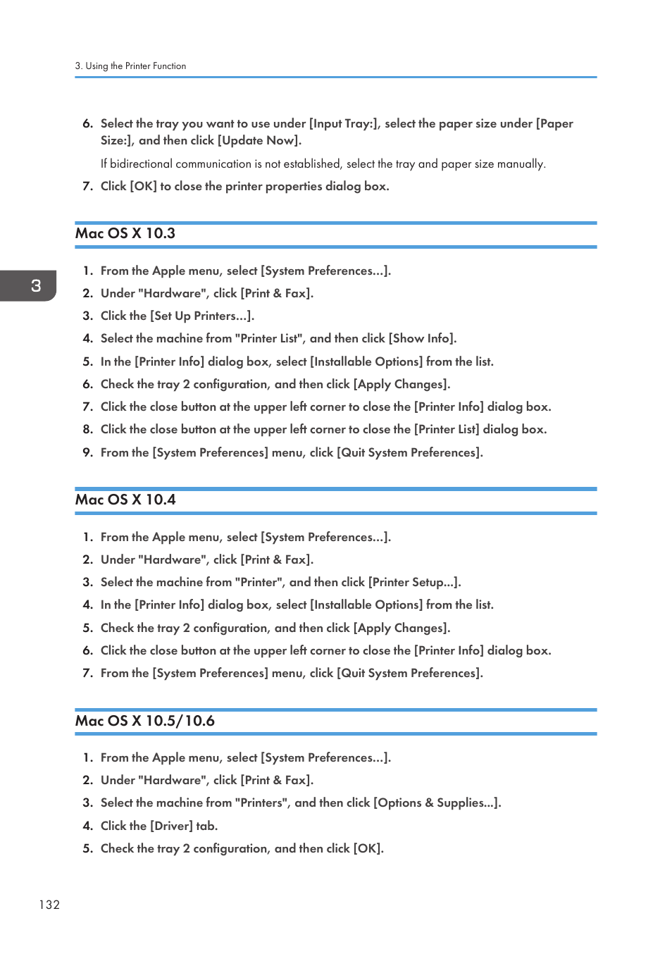 Mac os x 10.3, Mac os x 10.4, Mac os x 10.5/10.6 | Mac os x 10.3 mac os x 10.4 mac os x 10.5/10.6 | Ricoh SP3510SF User Manual | Page 134 / 476