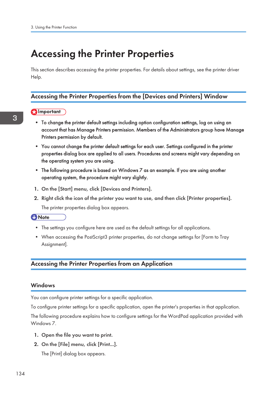Accessing the printer properties, Windows | Ricoh SP3510SF User Manual | Page 136 / 476