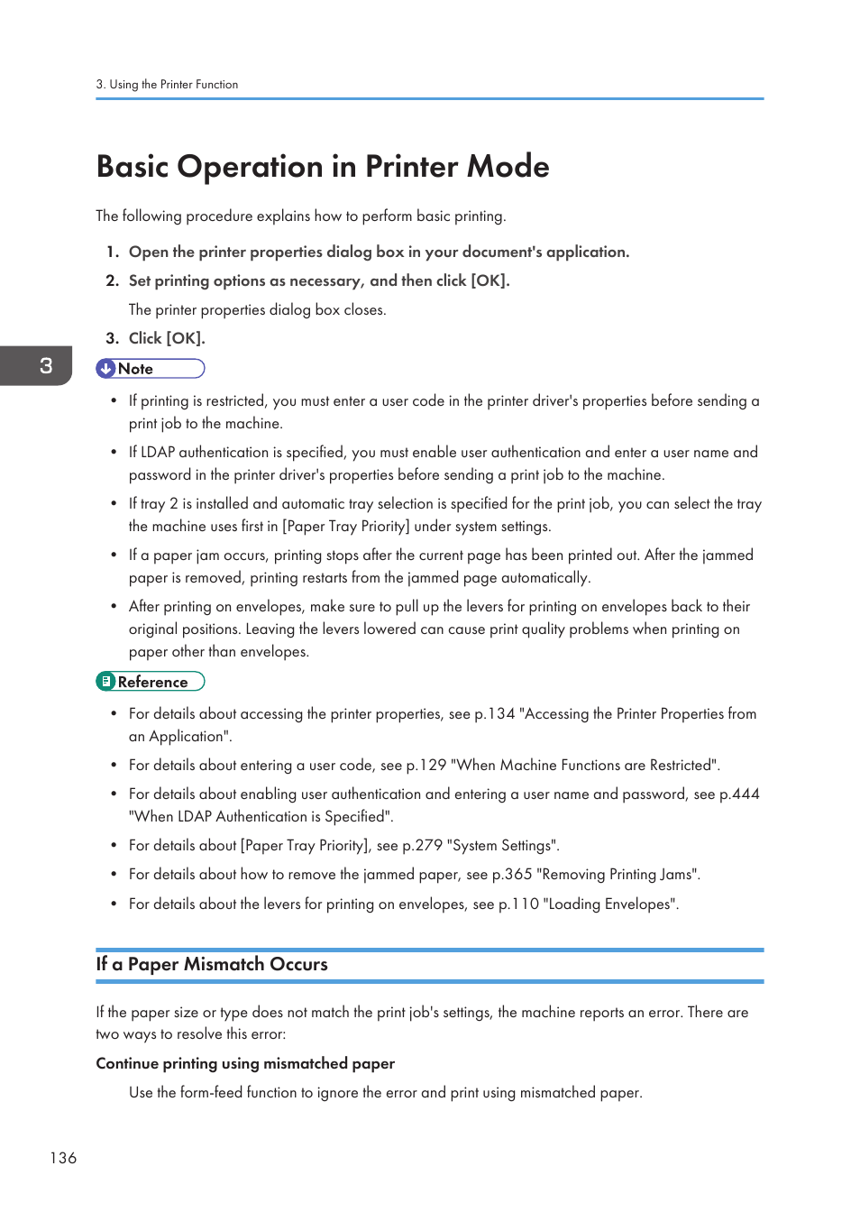 Basic operation in printer mode, If a paper mismatch occurs | Ricoh SP3510SF User Manual | Page 138 / 476